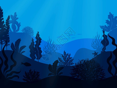 蓝色水下珊瑚海底风光海藻海草插画