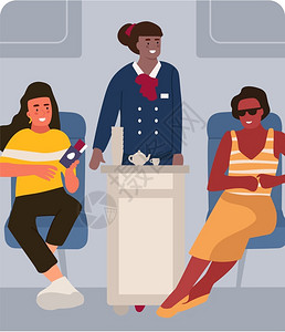 乘飞机旅行的人坐在飞机舱的卡通快乐妇女为旅行者提供饮料的可爱女主人航空公司的病媒运输场飞机上的旅客乘坐飞机的人妇女乘坐飞机的卡通背景图片