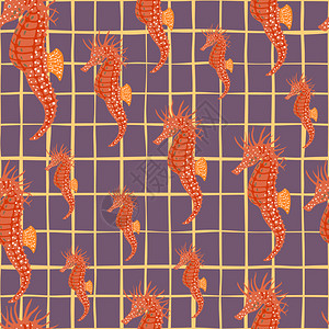 紫色织物纹理橙色海马矢量背景图插画