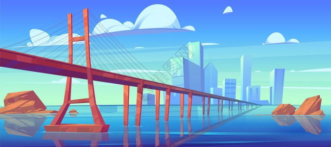 进步桥现代城市大桥天际线插画