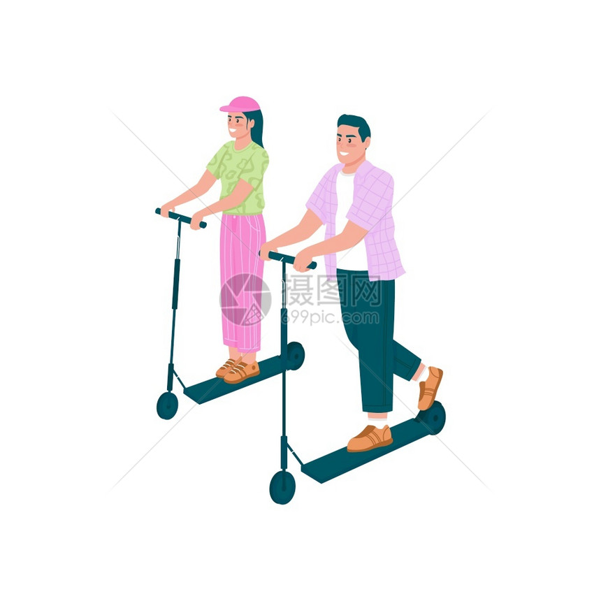 快乐的男女骑电动滑板车的平彩色矢量详细字符约会春季户外活动为网络图形设计和动画提供孤立的漫插图快乐的男女骑电动滑板车的平彩色矢量图片