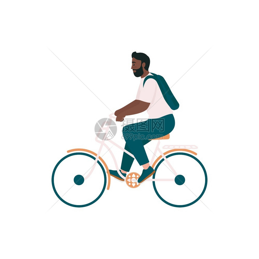 骑自行车的非洲美男子骑自行车的微笑手春季户外活动用于网络图形设计和动画的孤立漫插图骑自行车的彩色矢量非洲男子详细字符图片