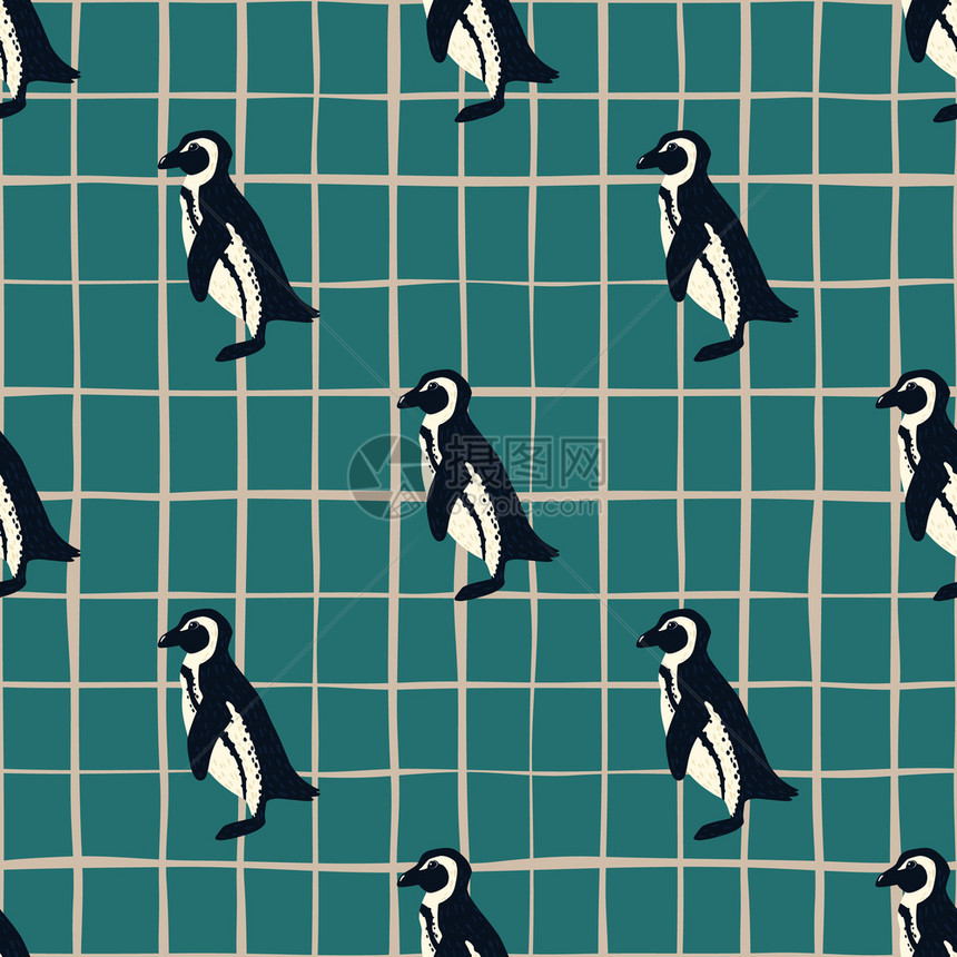 装饰动物园无缝涂鸦图案带有简单的企鹅装饰物绿宝石彩票背景包装纸和织物纹理的图形设计矢量说明装饰动物园无缝涂鸦图案带有简单的企鹅装图片