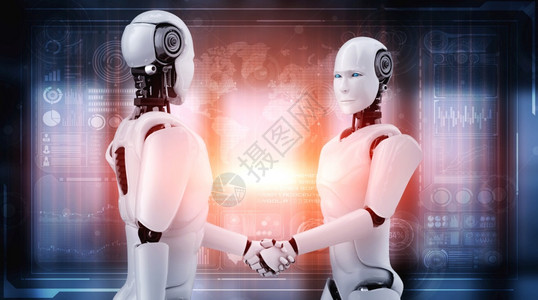 3d握手素材3D使人类机器握手通过AI思考大脑人工智能和机器学习过程为第四次工业革命协作开发技术使人类机器握手以合作未来技术背景
