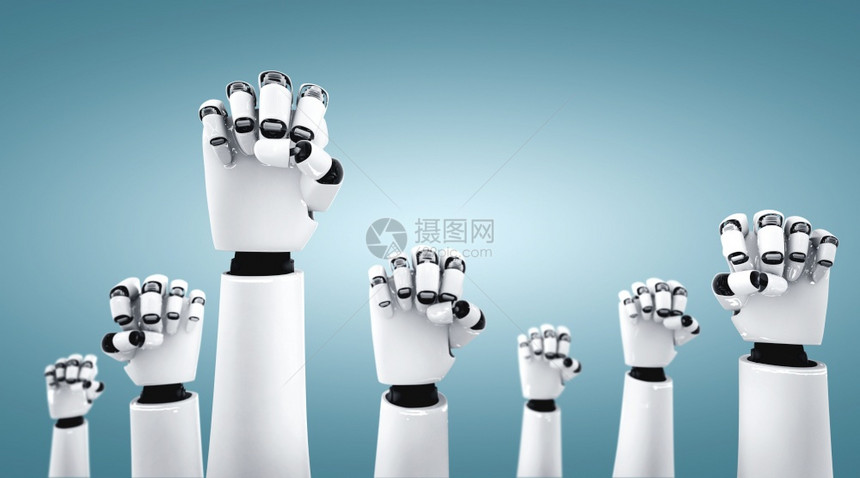 机器人手举起来庆祝通过使用人工智能思维和机器学习过程在第四次工业革命中取得的成功3D插图机器人手举起来庆祝通过使用人工智能而取得图片