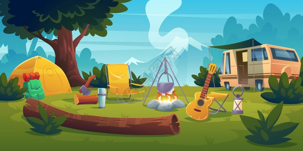 篝火露营夏令营森林和营地的矢量插画插画