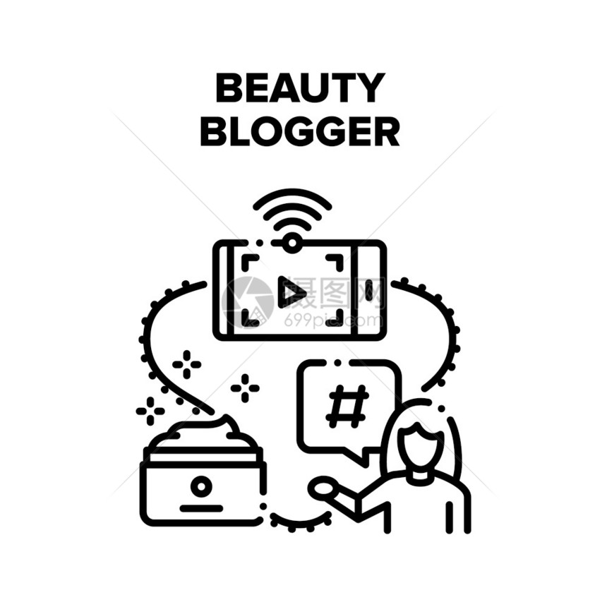 美容博客矢量图概念美容博客职业女录制像提供化妆品和香料建议评论时装Vlogger频道黑人说明美容博客VectorBlackInd图片
