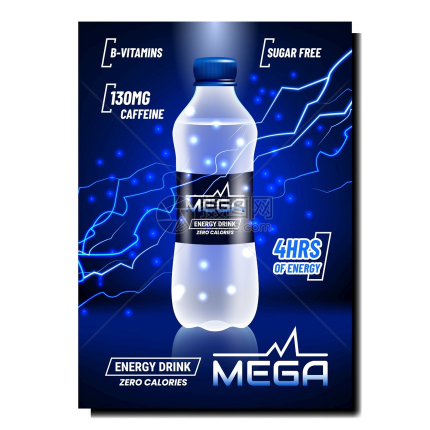 能源饮用品牌塑料瓶和在广告海报上闪电图片