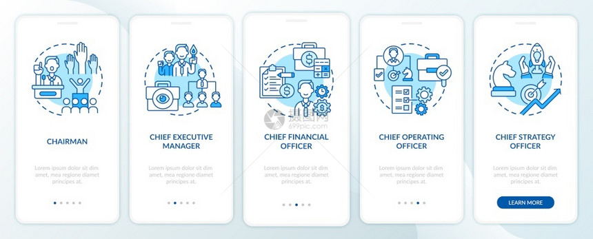 首席财务干事走过5步图形指示带有RGB颜色插图的UI矢量模板带有概念的移动应用程序页面屏幕上的顶级管理职位图片
