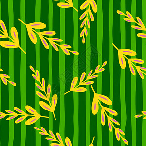 黄色条纹植物光亮无缝植物图案配有随机黄色树枝装饰物绿条形背景适合织物设计纺品印刷包装封面矢量插图光亮无缝植物图案配有随机黄色树枝装饰物绿条形插画