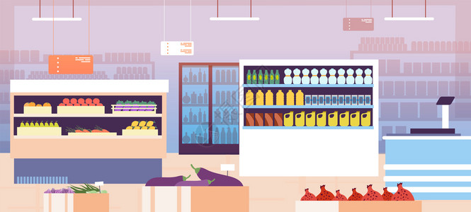 水果超市logo超市货架收银台矢量卡通插画插画