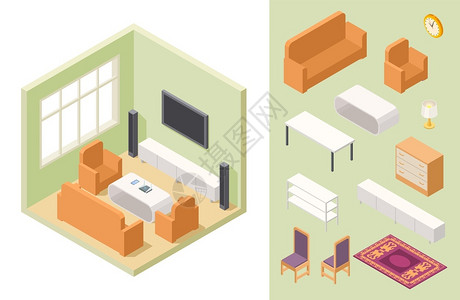 现代风格家具客厅室内和家具插画