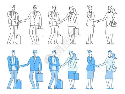 社区底商商业人角色握手职男子直线职业人员向量组合说明人与企业握手的合伙商业与企角色商与企握手插画