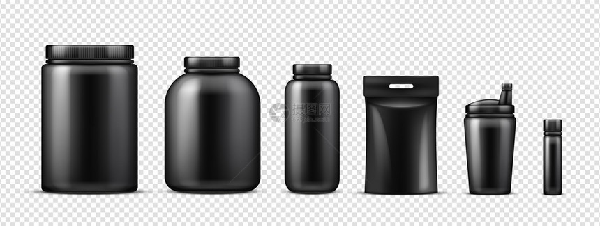 黑色蛋白奶瓶模型病媒现实体育营养容器在透明背景下隔离说明蛋白质塑料瓶配有健身补充品的模拟容器黑蛋白瓶模型图片
