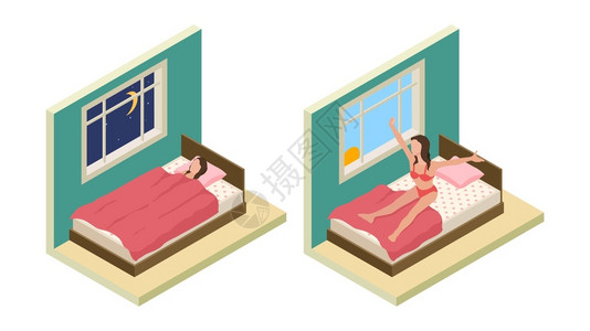 刚睡醒女孩睡醒女孩卧室向量女孩睡在床上插画