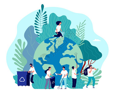 自愿的志愿者拾取塑料垃圾保护地球自然生态插图插画