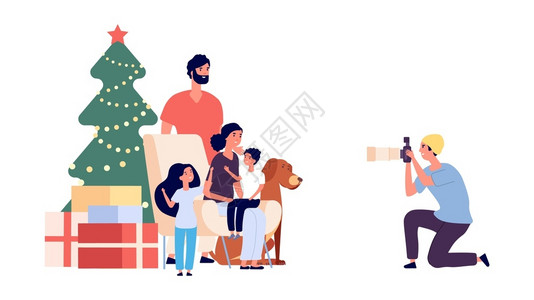 儿童摄影师圣诞节摄影师给一家人拍摄全家福插画