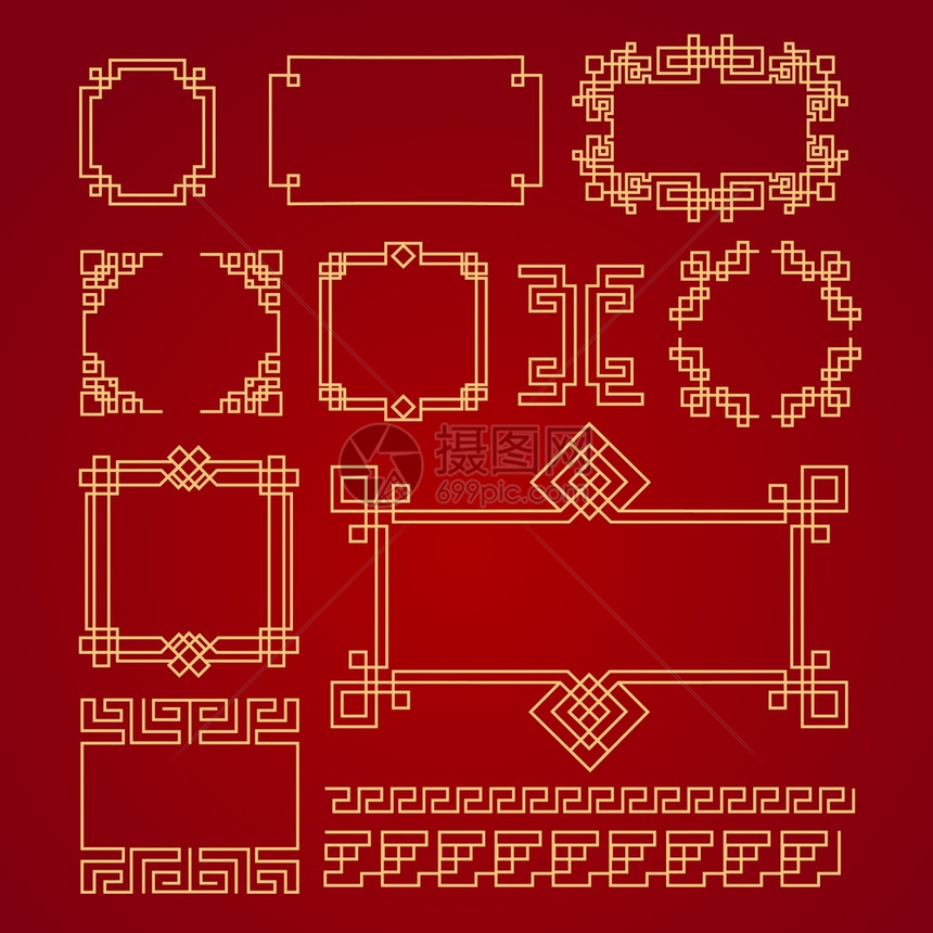 边境红亚新年装饰传统框架的黄金用于图像框架矢量集的东方线老日本模式装饰日本插图边境红亚传统框架装饰新年黄金图像框架矢量集的东方线图片