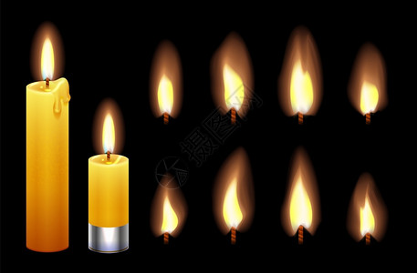 黄色燃烧火焰蜡烛火焰燃烧的灯光和火焰黑色背景隔开的烛光矢量温暖的灯光点蜡烛和现实宗教或浪漫的火黑色背景隔开的灯光矢量温暖的灯光插画