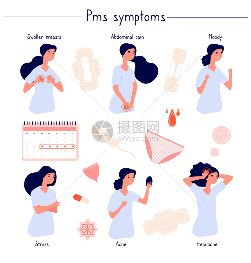 PMS症状女压力腹部疼痛膜炎和情绪女时期问题孤立的月经综合症内裤和床垫矢量疼痛的月经腹部医疗时期抑郁情绪PMS症状女压力腹腔和情图片