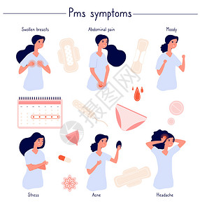 自己的事情自己做PMS症状女压力腹部疼痛膜炎和情绪女时期问题孤立的月经综合症内裤和床垫矢量疼痛的月经腹部医疗时期抑郁情绪PMS症状女压力腹腔和情插画