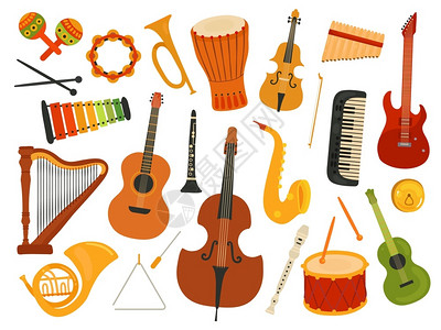 器乐的音乐器声竖琴和笛子合成器鼓图形工具玩矢量旋律节讲解合成器和笛子吉他竖琴矢量旋律玩具插画