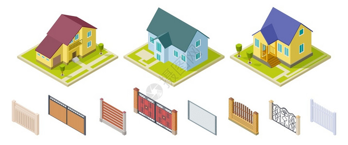 房屋外观农村房屋和栅栏孤立的户外设计要素隔离的户外设计要素几何建筑物和大门矢量装置农村建筑和3D房屋图例农村和围栏插画