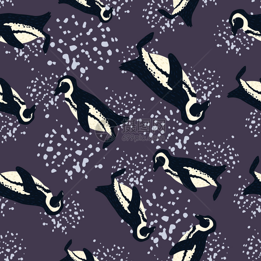 随机无缝模式带涂鸦手绘制的企鹅环影紫色背景带有喷雾适合织物设计纺品印刷包装覆盖矢量说明随机无缝模式带有喷雾图片