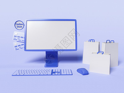 3D说明带纸袋和信用卡的计算机在线购物和电子商务概念图片