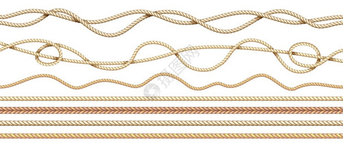 麻绳编织3D天然水手切线无缝黄麻绳与相互交织的纹理界断开的直线和弯曲海洋延绳索风格的矢量结绳现实的索自然曲线缝合的黄麻绳与相互交织的纹理插画