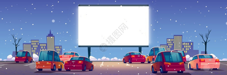 汽车广告牌夜间冬季露天停车城市矢量插画插画