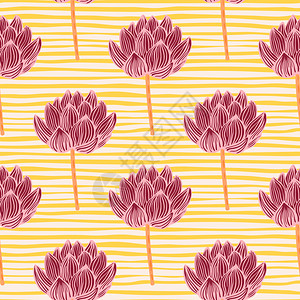 Bloom无缝图案有深粉色莲花的首饰橙色条纹背景对织物设计纺品印刷包装封面矢量插图而言很好光色条纹图案有深粉色红花的首饰橙色条纹背景图片