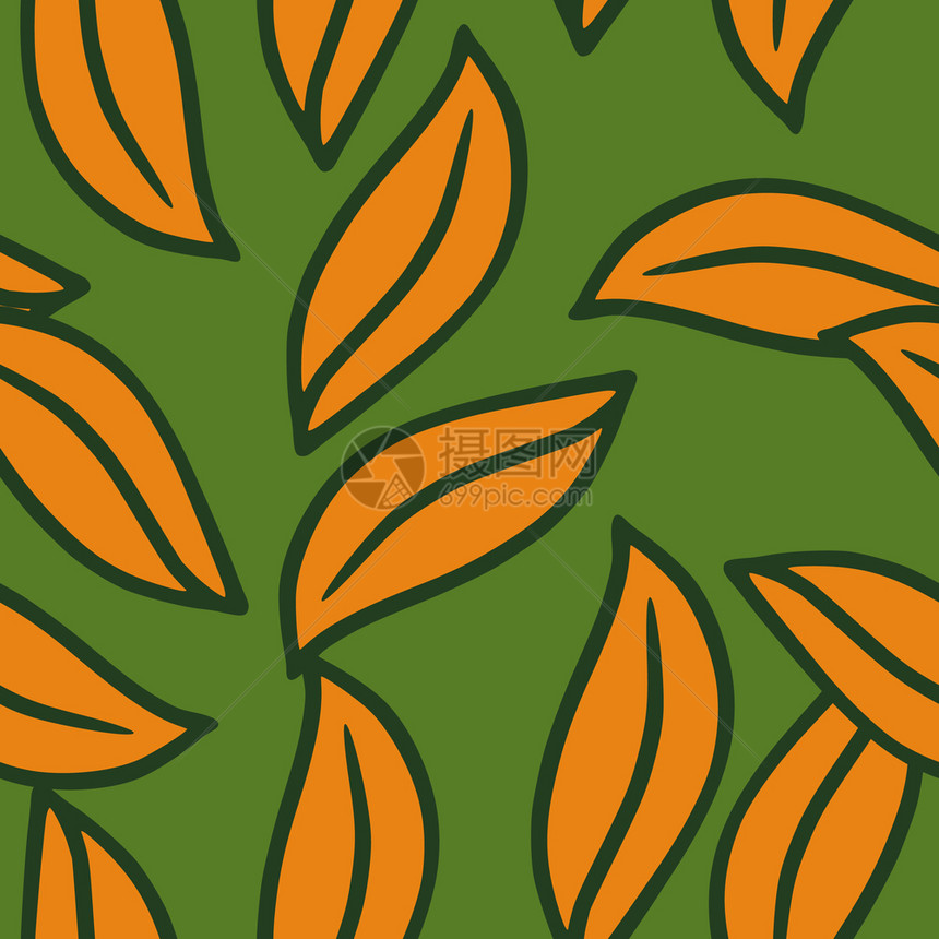 自然无缝光亮的图案包括橙叶随机打印绿色背景Scrapbook植物装饰设计用于布料纺织品印刷包装封面矢量说明自然无缝光亮的图案橙叶图片