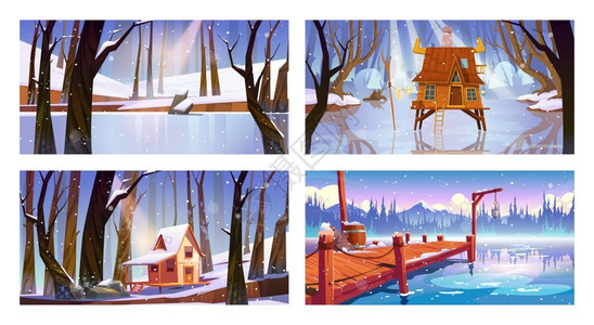 一系列冬季风景矢量图插画