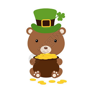 绿色帽子小熊捧着金币的带绿色帽子的小熊插画