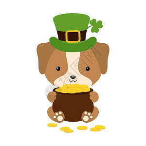 幸运硬币捧着金币的带绿色帽子的小狗插画