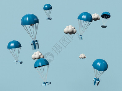 3D说明带降落伞在空中飞行的礼品盒在线购物和交货服务概念图片
