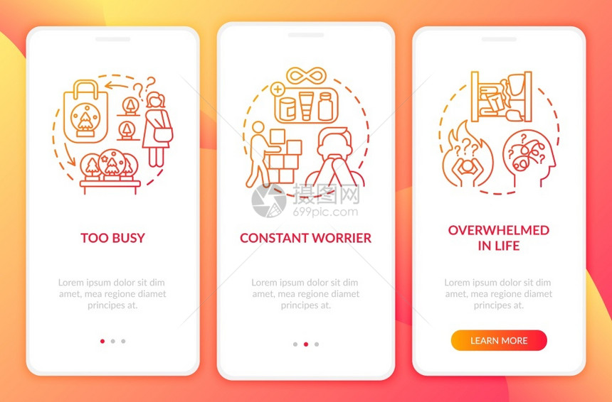 带概念的移动应用程序页面屏幕上的Clutter个类型恒定worrier走过3步图形指示带有RGB颜色插图的UI矢量模板带有概念的图片
