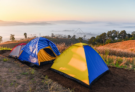 风景日出在冬季中很美户外旅行在山上露营帐篷区旅游在雾中露营图片