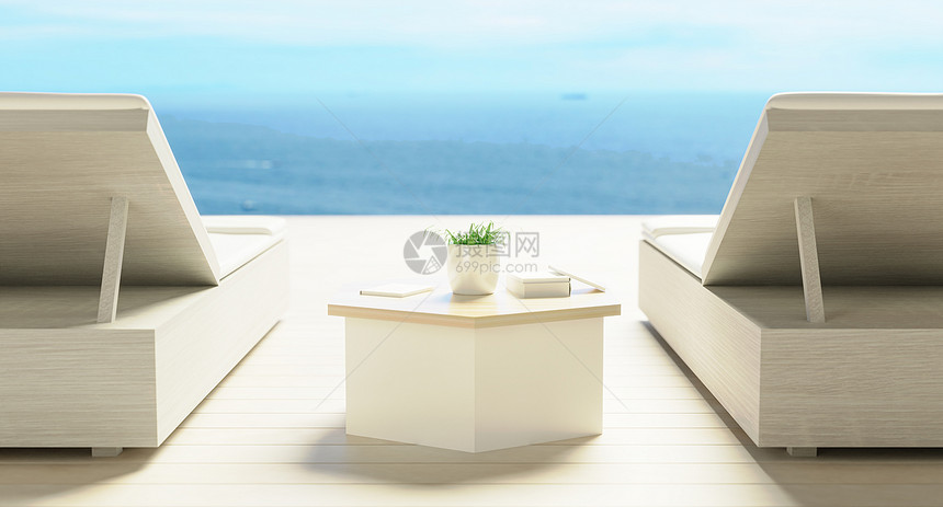在度假屋或旅馆的甲板上有遮阳休息室椅子3dexplicationof暑假池别墅外部图片