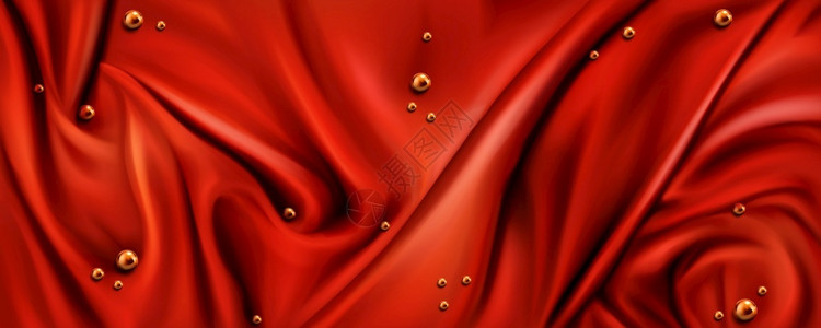 红色丝绸织物背景有金珍珠或随机散落的闪亮球体用于海报横幅或封面设计的豪华折叠纺织品装饰元素现实的3d矢量图解红丝织物背景有金珍珠插画