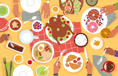 羊角柄刀素材午在家中或餐馆共餐的卡通人群插画