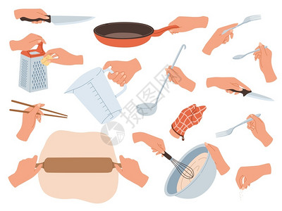 烹饪的手手准备食物用女手做餐具厨房用品具和烘烤用品餐具叉子刀和碗锅滚动针胡须卡通矢量组装准备食物的手餐具和烘烤配件插画