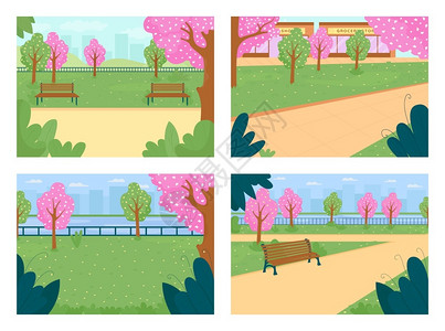 春季2D卡通城市风景和背收集的天线春季公园平面彩色矢量插图集图片