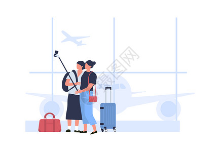 航班旅行人们在机场候厅自拍在矢量机场旅行自拍人员在旅游假日和度旅行者插图在机场候厅自拍人员在机场候厅内自拍插画