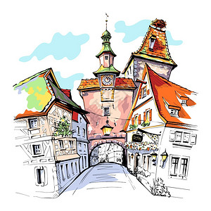 芬兰堡街道德国巴伐利亚州罗德堡陶伯市中世纪老城罗德堡陶伯市Markusturm的矢量颜色草图插画