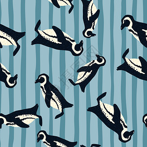 无缝随机图案带有涂鸦的简单企鹅形状蓝条背景简单设计适合织物纺品印刷包装封面矢量说明简单设计背景图片