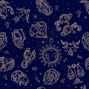 瓜鲁柳斯天文无缝黄铜瓜符号纺织型样设计星座概念鱼的图鲁斯狮子宝石蝎矢量天文学说明人马座和北极星角体宝石天文学无缝纺织品型状设计星座概念鱼插画