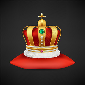 皇家王冠矢量君主制的现实奢侈金象征物红色枕头插图上钻石的古董雕像国王或后黄金奢侈品元素背景图片