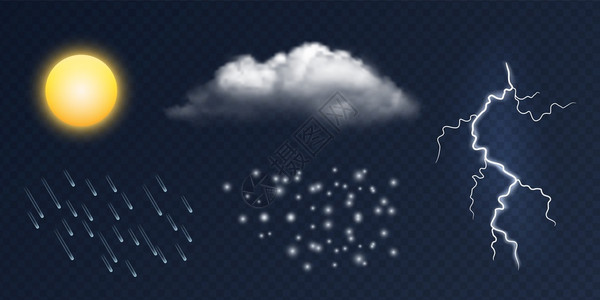 蒙蒙雨天气元素向量现实的太阳云照明雨和雪以透明的背景隔离天气云和雨光雪图示向量现实的太阳雨和雪以透明背景隔离插画